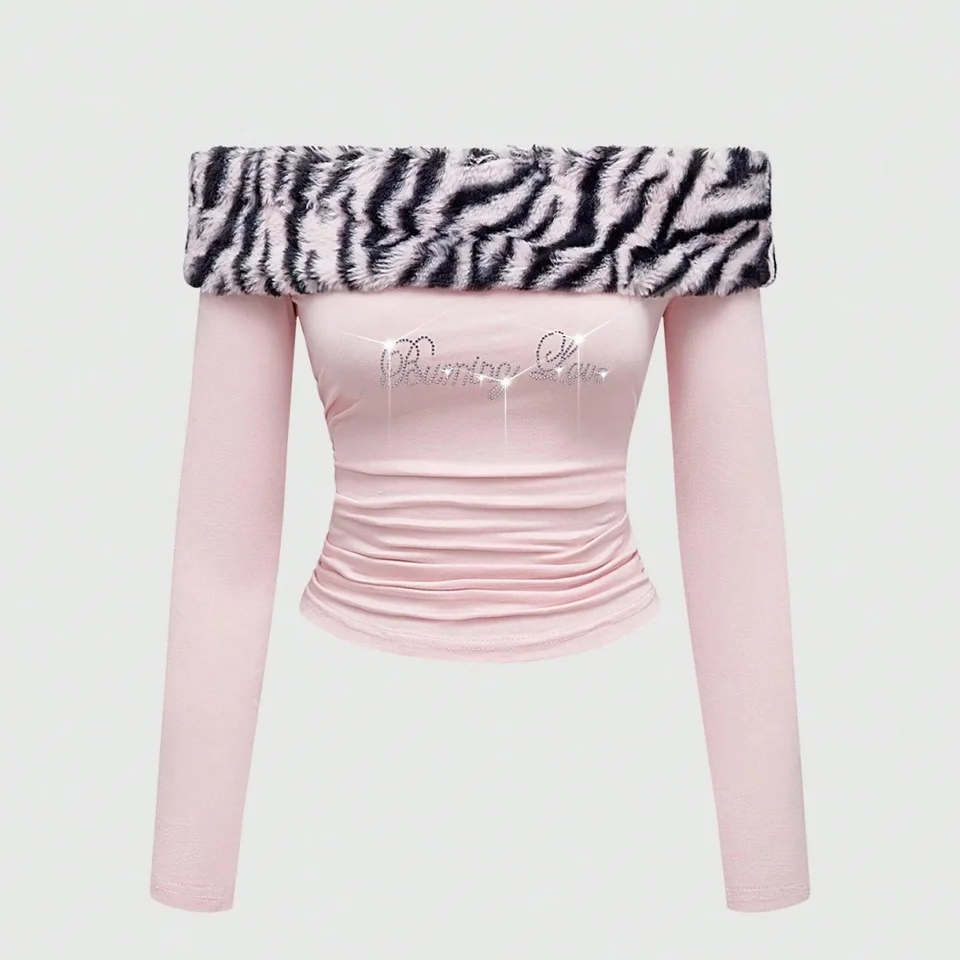 2026 Womens Y2K Sexy Leopard Print Glitter Midriff Top Lettered Detail Slim Fit Trendy Fashion Crop Top Women's Clothing