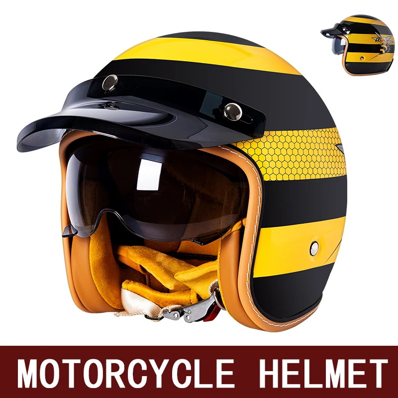 New Retro Cruise Motorcycle Helmet for Men and Women Yellow Three-Quarters Helmet 3/4 Motorcycle Half Helmet with Sun-Shading Wi