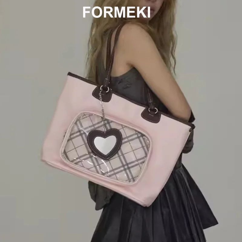 

Formeki 2024 New Chic Design Plaid Transparent Partition Tote Bag Shoulder Bag Sweet College Style Female Large Bag