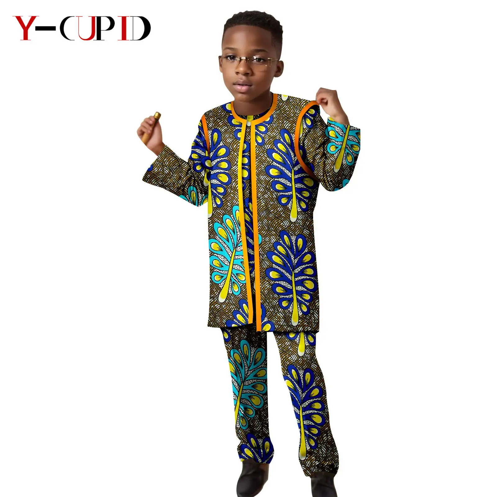 

African Clothes for Boys Outfits Dashiki Print Jacket Vest Top and Pant Sets Bazin Riche Kid Children Cotton Outwear 2446043