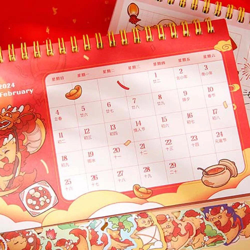 2024 Tahun naga Cina kalender meja sederhana kembang api Desktop kertas kalender harian penjadwal meja perencana hadiah Tahun Baru