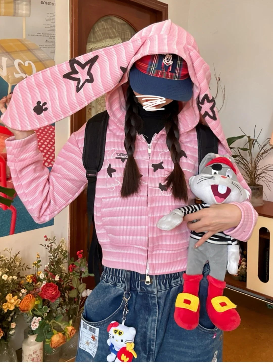 

Ретро американская полосатая куртка с кроличьими ушками на молнии с капюшоном, мужская и женская облегающая верхняя одежда, осенняя повседневная модная верхняя одежда