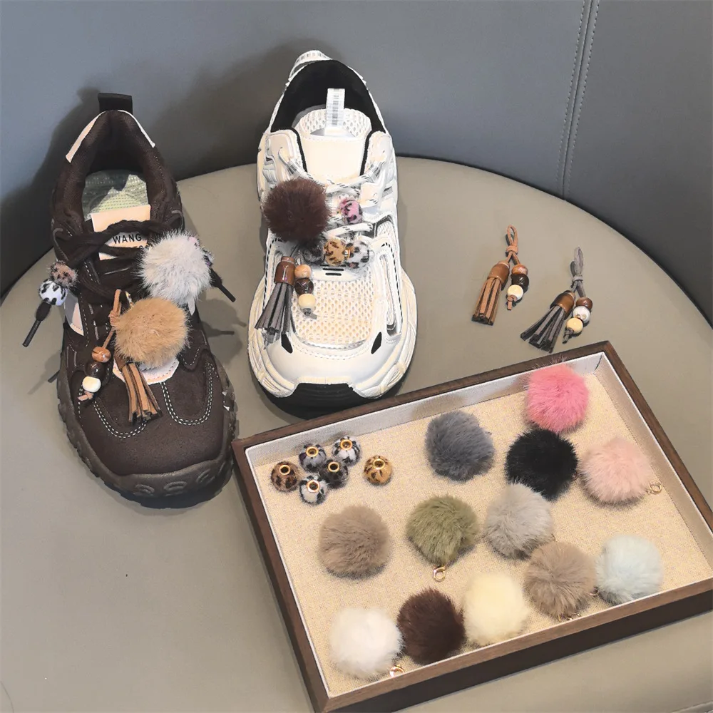 Shoe Charm with Tassel Pom Beaded Leopard Faux Mink Fur Trim for Casual Shoes Fall Winter Cozy Decoration Durable