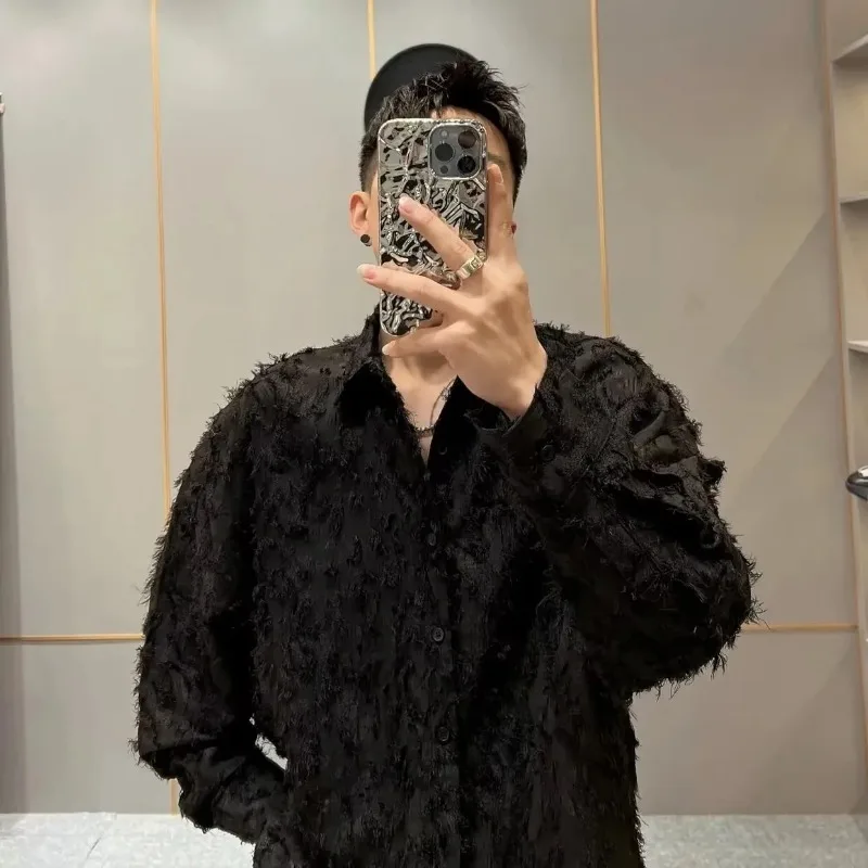 Light Luxury Chic Autumn Three-dimensional Feather Korean Style Shirt Trendy Men's Shirt with Long Sleeves