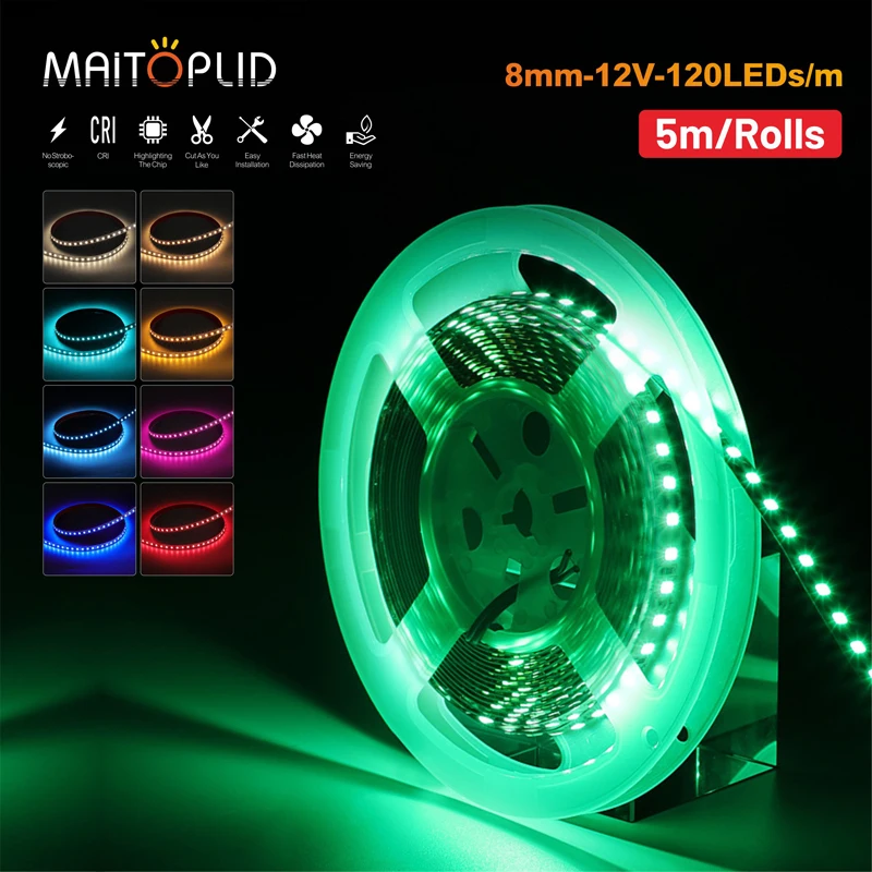 

DC12V LED Strip 8mm Width SMD2835 120LED/m Super Brighter Tape Flexible Rope Light 5M White/Warm white/Blue/Red For Home Decor