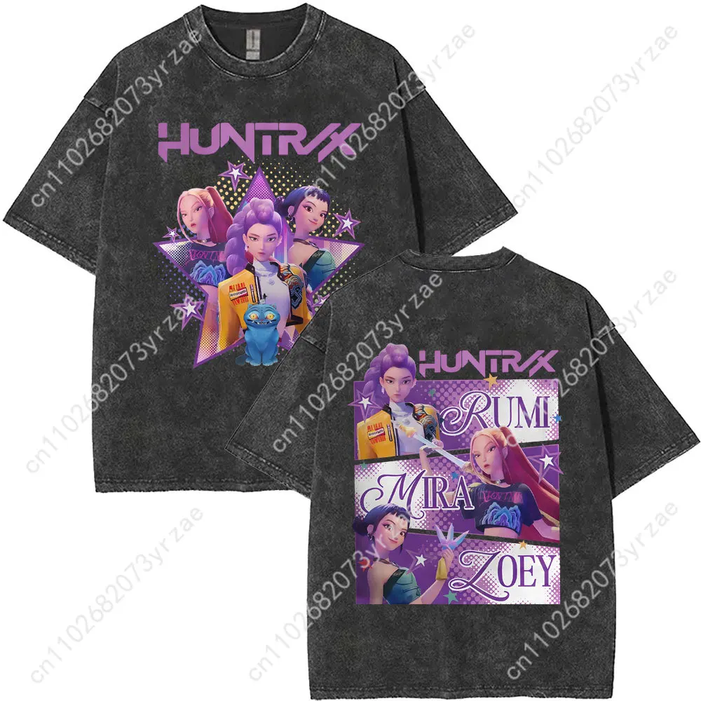 Kpop Demon Hunters rétro lavage t-shirt homme femme haute qualité Vintage t-shirt mode coton manches courtes doux dessus respirants