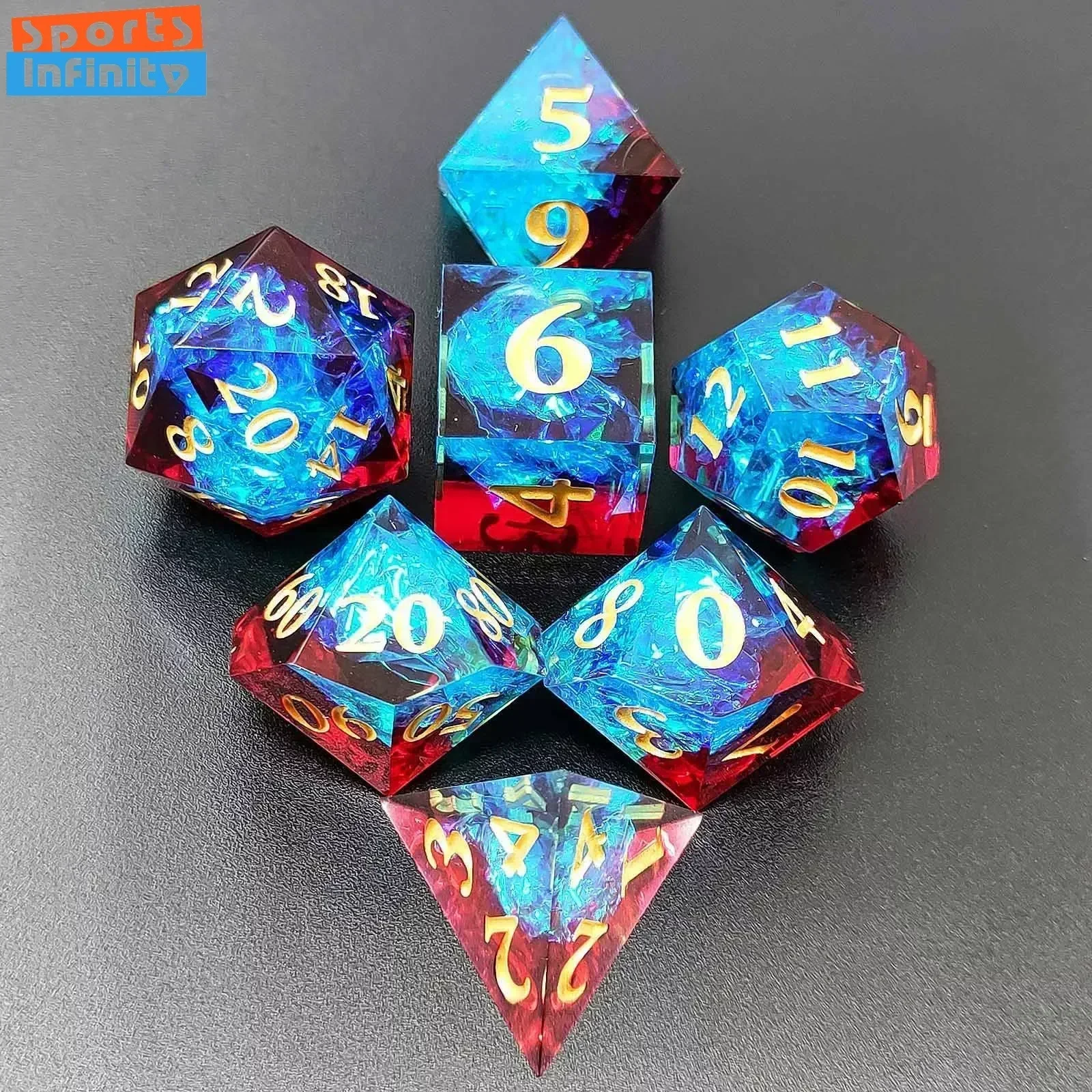 7Pcs Set Beautiful Black Gold Resin Dice for DND TPG TRPG Board Game COC Running Team Cthulhu Polyhedral Dice Number Dice Kit