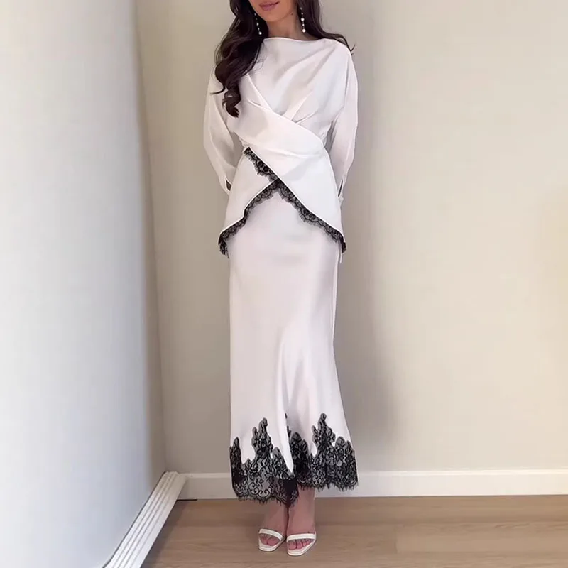 

Sexy Lace Patchwork Solid Party Outfits Casual Long Sleeve Draped Slim 2Pc Suit Elegant O-neck Tie Up Waist Top & Long Skirt Set
