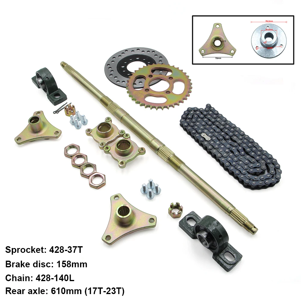 610mm Rear Axle Kit 428-37T Sprocket 158mm Brake Disc 140L Chain For DIY 49 50 70 90 110cc Electric Kids ATV Go Kart Quad Buggy