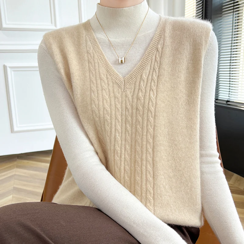 

Fashion Women 100% Merino Wool Fashion Basic Solid Color Knit Sleeveless Vest Sweater Pullover Cashmere Soft Warm Clothing Top