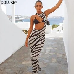 DGLUKE Zebra Long Beach Dress Cover-Up Sexy Transparent Mesh Maxi Dress Cut Out Bodycon Summer Holiday Vacation Dress Women 2024