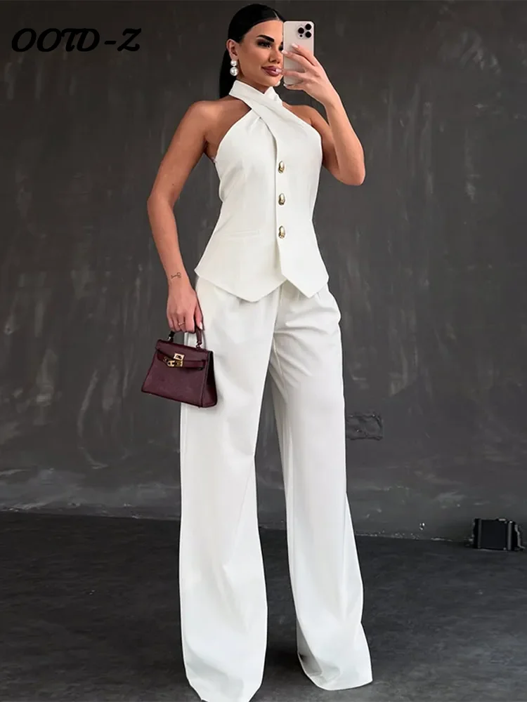 

Элегантный топ с лямкой на шее, брючные костюмы, женские широкие брюки без рукавов на пуговицах, женские комплекты, весна-лето 2021, модный комплект, женский