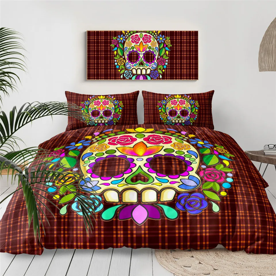 

BeddingOutlet Sugar Skull Bedding Set Red Rose Duvet Cover Diamond Gothic Home Textiles Mandala Lotus Flower Bedclothes 3-Piece