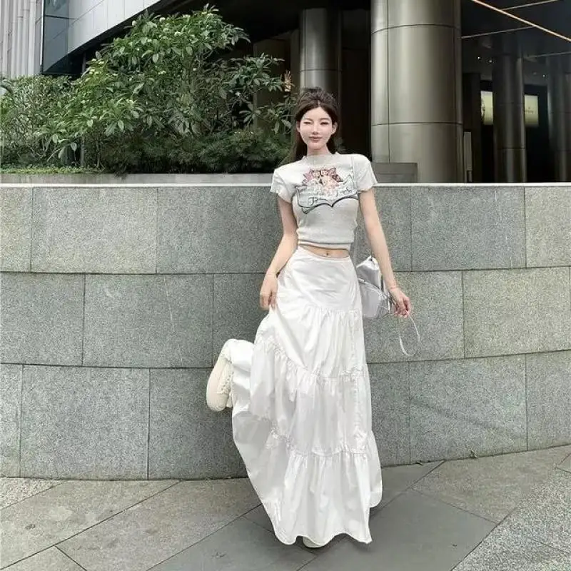 Spring and Summer Leisure Commuting Pure Color White Long A-Line Cake Artistic Sense Long Skirt for Women