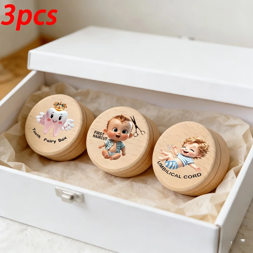 3pcs Wooden 2D Cartoon Pattern Baby Tooth Fairy Box for Storing Baby Teeth Hair - Unique Gift Storage Container for Children