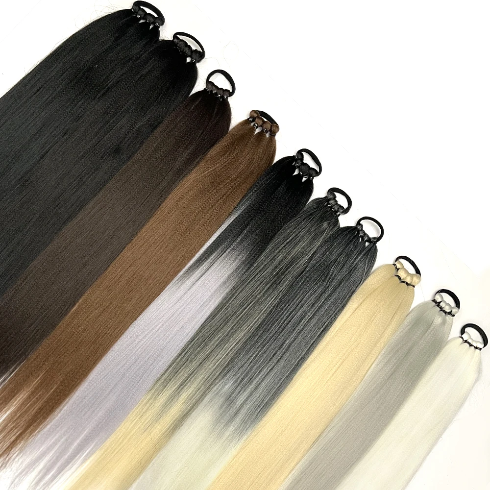 Synthetic Yaki Boxing Braid Ponytail Extensions Wrap Around Ponytail With Rubber Band 26 Inch DIY Ombre Black Brown Grey