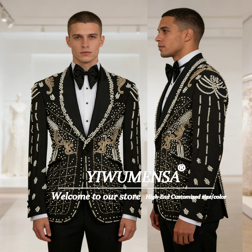 

Metallic Rhinestones Beaded Suits Men Slim Fit Shawl Lapel Groom Prom Blazers Customized 3 Piece Set Wedding Tuxedos Ropa Hombre