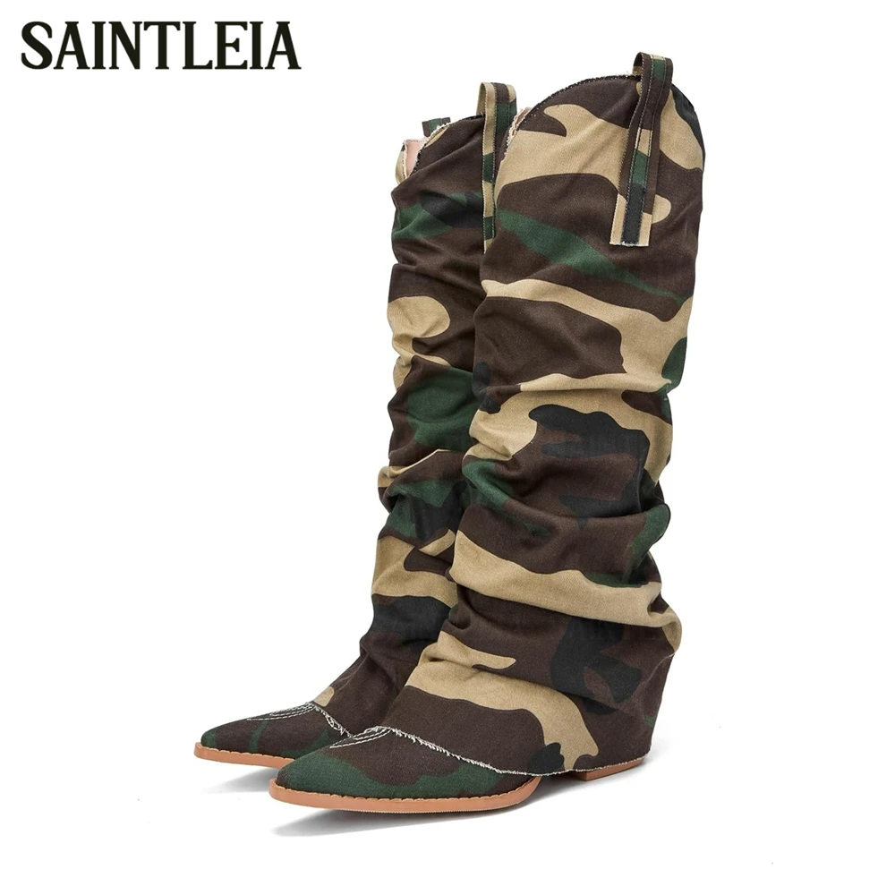 Camouflage Print Mid Heel Knee High Boots Camo Pattern Mid Length Cowboy Boots Pleated Details Pointed Toe Pull on Women's Boots