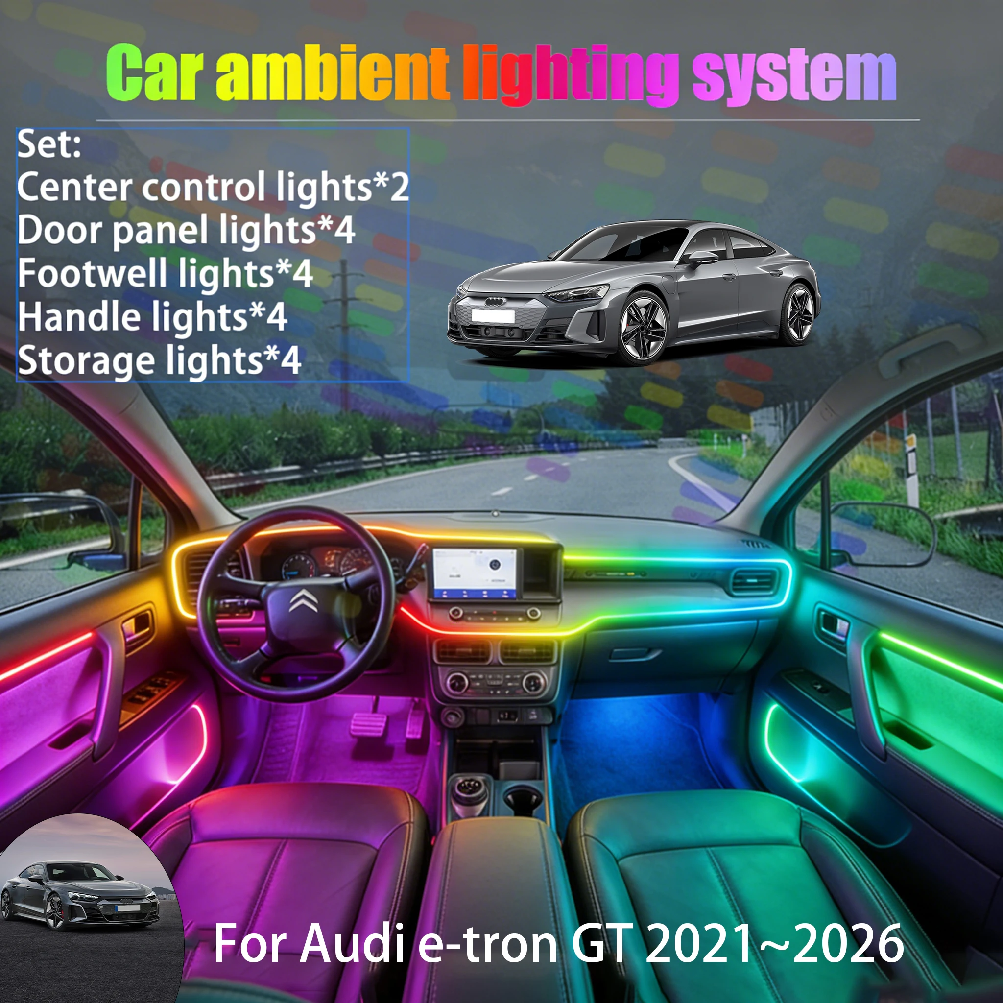 

For Audi e-tron GT 2021~2026 2/18 in 1 Car ambient lighting Led trunk interior led lights USB RGB Ensemble Streamer Auto Parts