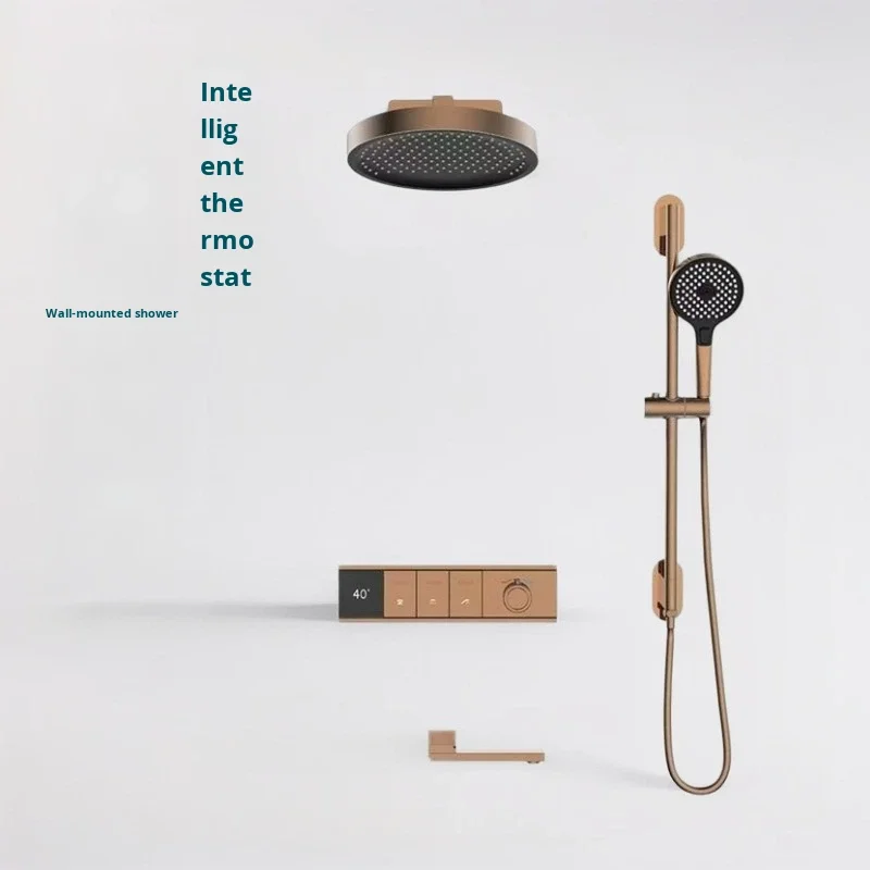 Hidden pre-embedded constant temperature rainfall shower set, all-copper brushed rose gold wall constant soft spray