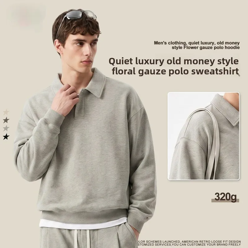QICHE Men American Street Vintage Heather Yarn Half Zip Collared Polo Sweatshirt Heavyweight Loose Long Sleeve Top For Autumn