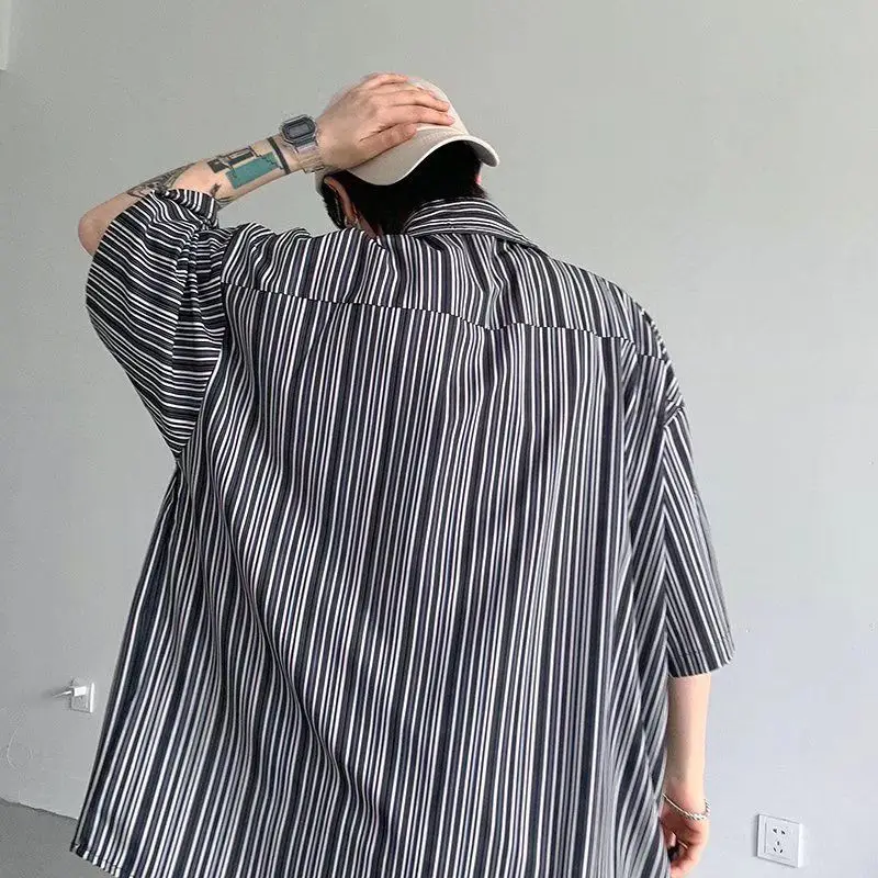 Summer Loose Casual Turn-down Collar Shirt Man Striped Single Breasted Pocket High Street Out Streetwear Male Temperament Tops