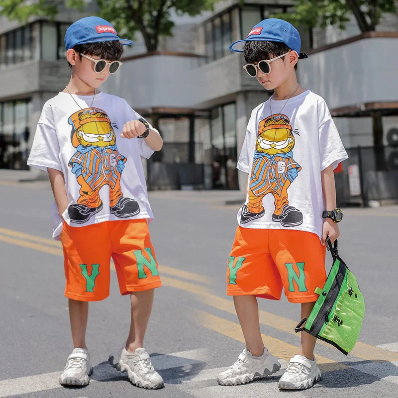 Fashion Summer Teenage Boy Clothes Boys for 4 6 8 10 12 14 Year Hiphop Korean Casual T-Shirt Shorts 2Pcs Sets Funny Cartoon Suit