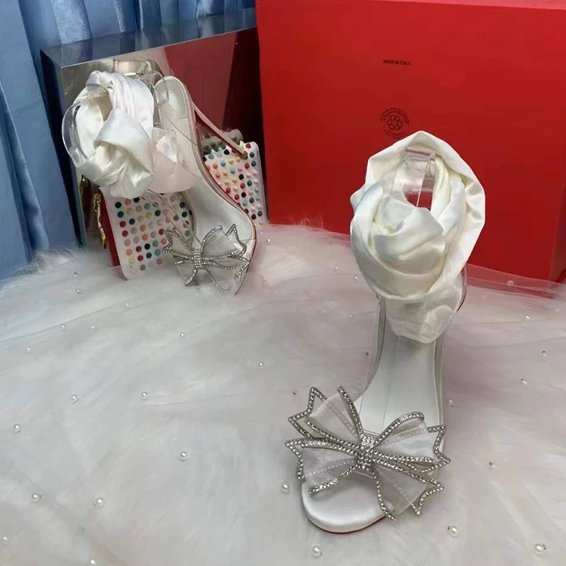 2023 Summer Size 34-45 Sweet White Satin Girls Women Fashion High Heels Sandals Shoes