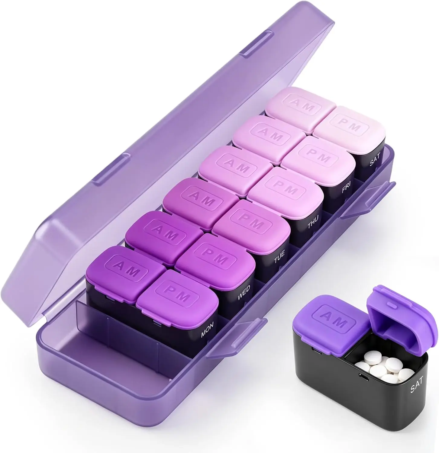 Weekly Pill Organizer 2 Times a Day, Portable AM PM Medicine Box with Large Compartments, Travel Pill Case, Moisture-Proof Daily Containers for Vitamins, Supplements & Medication