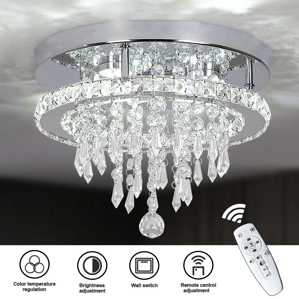 Crystal LED Ceiling Chandelier Lamp Home Appliances Remote Control Dimming Pendant Light Bedside Bedroom Indoor Lighting D30CM