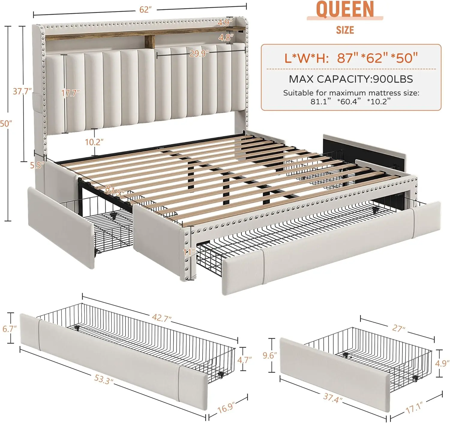 Queen Bed Frame with Headboard and 3 Large Drawers, Upholstered Platform Bed Frame Queen Size with Storage, Queen Size Bed Frame