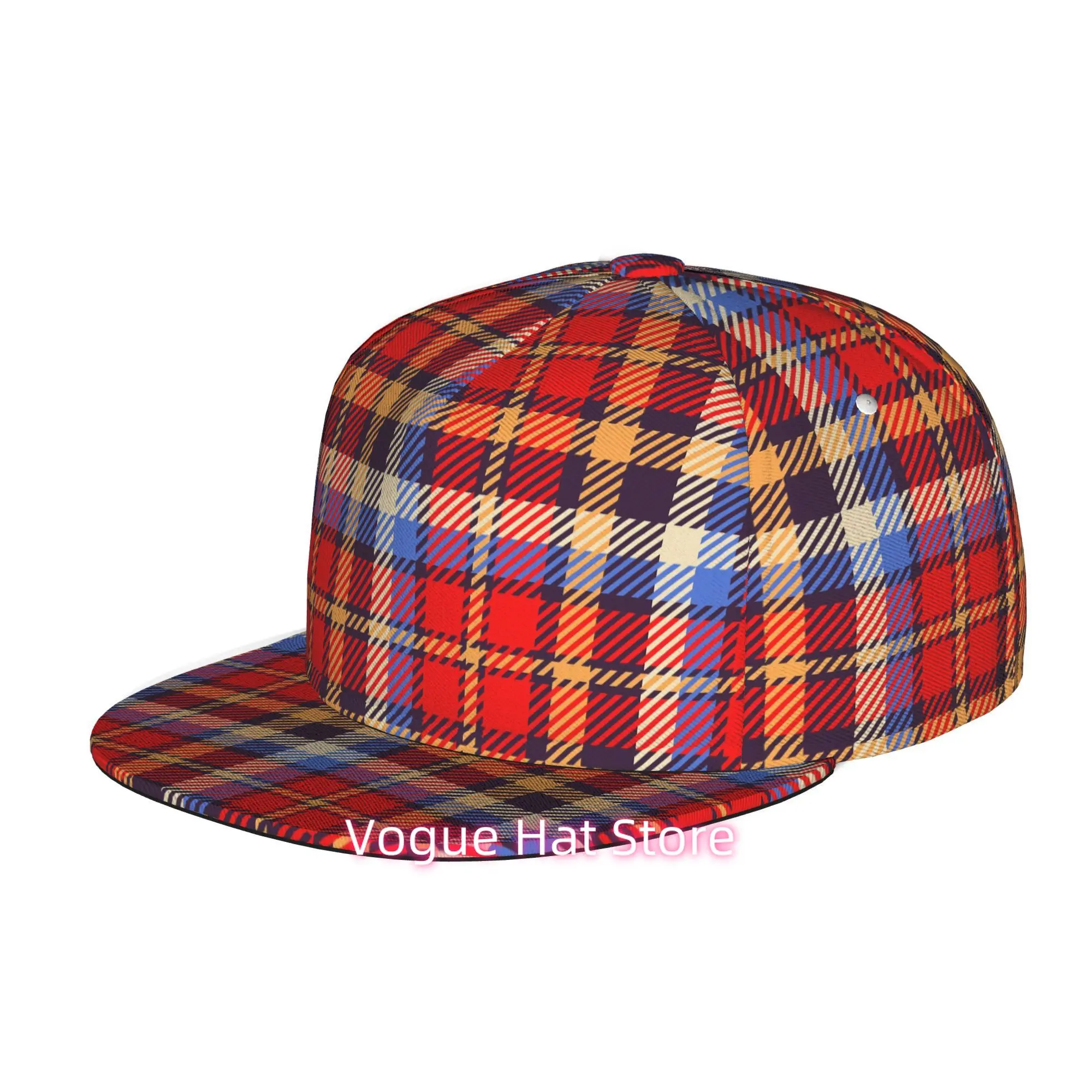 Men's & Women's Baseball Cap Adjustable Snap-On Brim Flat-Top Tartan Plaid Cap Suitable for Casual Outdoor, Machine Washable Lig
