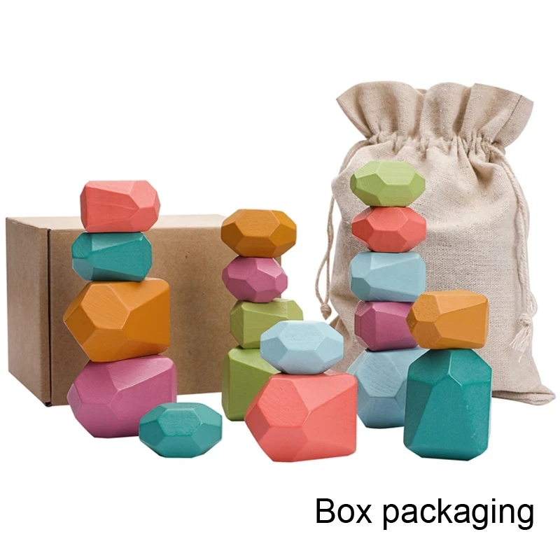 Wood Rainbow Stones Block Colorful Wooden Building Block Rainbow Stacker Balancing Stone Montessori Educational Toy Children