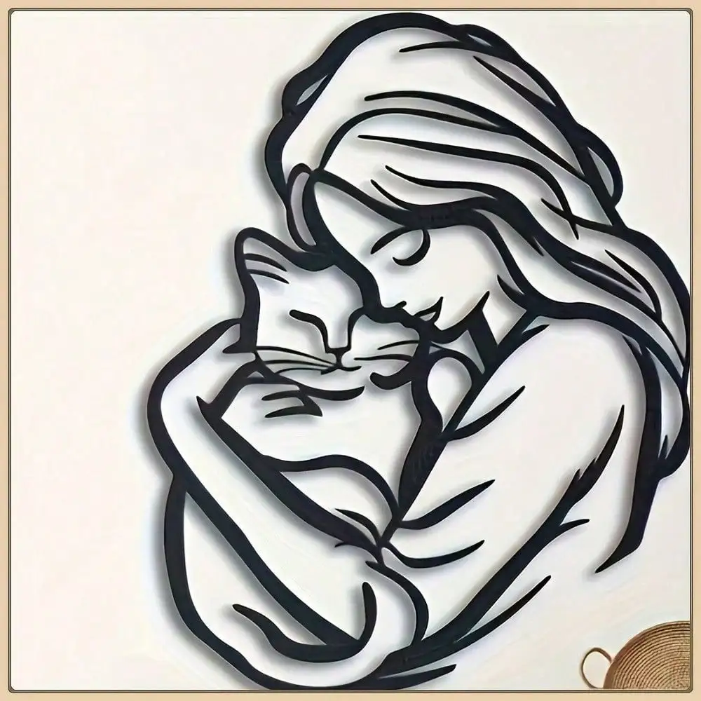 Woman Cat Embrace Metal Wall Decor Fade Resistant Cute Art Bedroom Bathroom Rustproof Iron Hanging Unique Home Gift Ornament