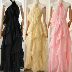 Customized Formal Chiffon Pleat Flower A-line Halter Midi Dresses Evening Dresses Casual Simple Retro Fashion Elegant High Quali