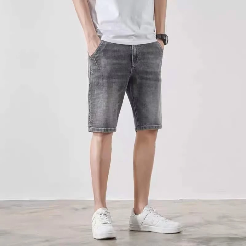Men Summer Stretch Denim Short Pants Trend Lightweight Versatile Embroidered Casual Trousers Male Classic Blue Gray Jeans