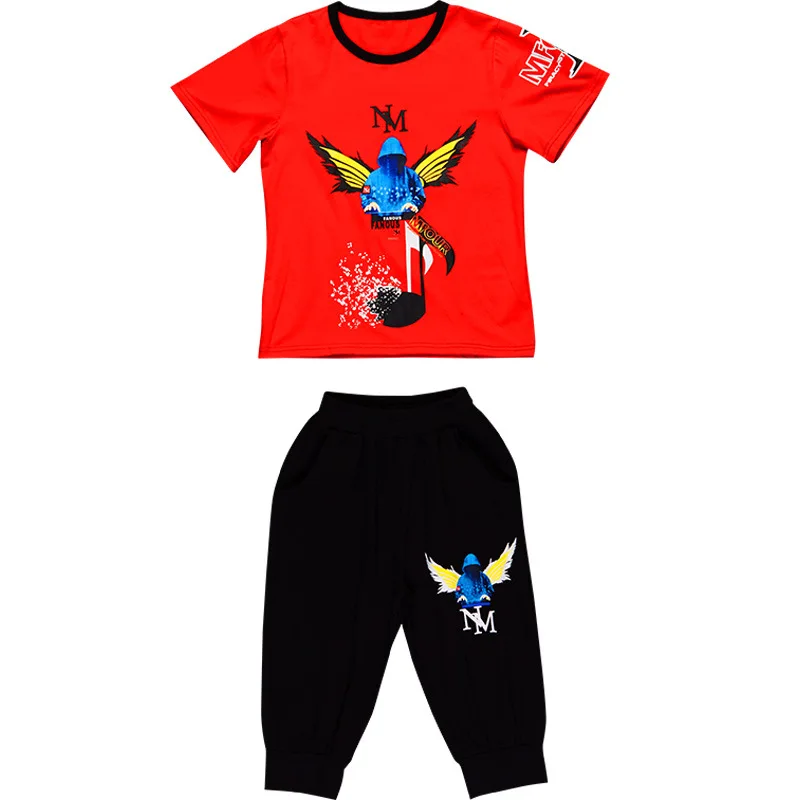 2024 summer Teenager Boys Clothes Casual Outfit Kids Tracksuit Children set loose print t shirt + fifth pant 4 5 6 7 12 Year