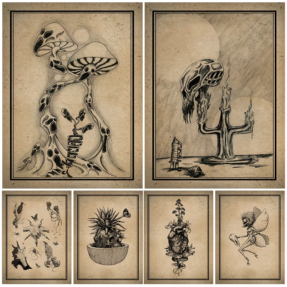 Tooth Fairy,devil Fingerprint,Skeleton Mushroom Witchcraft Element Wall Art Canvas Painting Home Decor Poster Prints Unframed