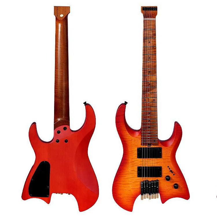 Горячая распродажа 2025 года, 7-струнная безголовая электрогитара - бесшумный дизайн для путешествий с грилевой кленовой накладкой, панель с тигровым узором TOP