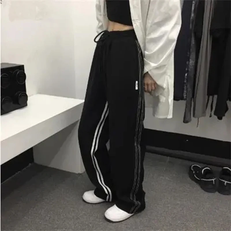 

Bf Black Striped Casual Sweatpants Women Oversized 4Xl Fashion Korean Baggy Straight Jogger Trousers Streetwear Wide Leg Pants