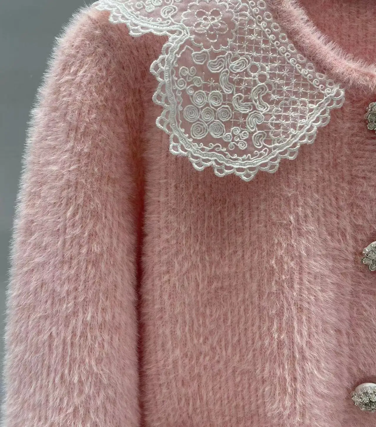 Women Pink Knitted Set Diamond Buttons Ruffles Spliced High Waist Mini Skirt or Lace Stitching O-Neck Long Sleeve Cardigan