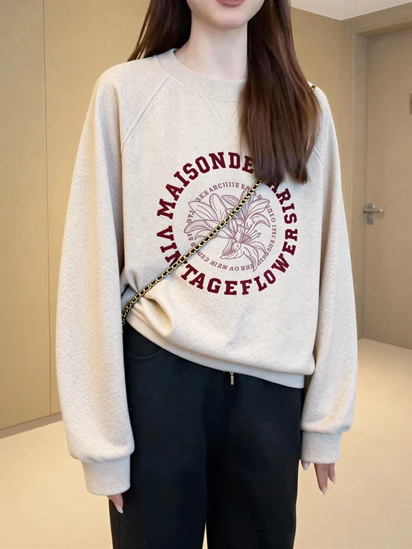

plus Size Women's round Neck Printed Fleece Lined Sweatshirt Spring Fashion Casual Loose Slimming Long Sleeve Top