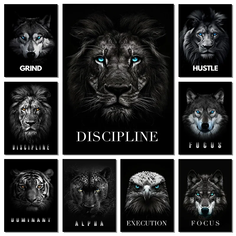 (2D Canvas painting) Animal Motivational Wall Art Lion Wolf Leopard Canvas Painting Entrepreneur Quotes Prints Posters Home O