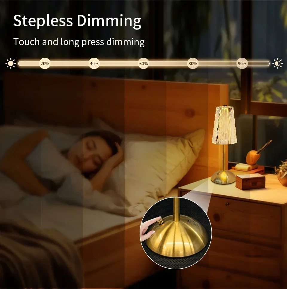 Rechargeable Touch Table Lamp 3 Colors Dimmable Artificial Crystal Lamp Portable Night Light for Bedroom Living Room Restaurant