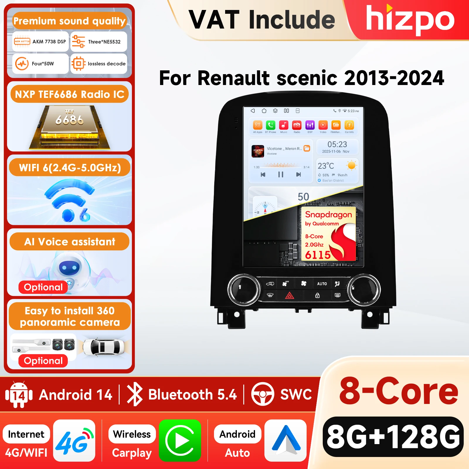 9.7'' 6115 8-Core 360 °   Autoradio sans fil CarPlay Android Auto pour Renault Scenic 2013-2024 GPS Multimédia Stéréo WIFI