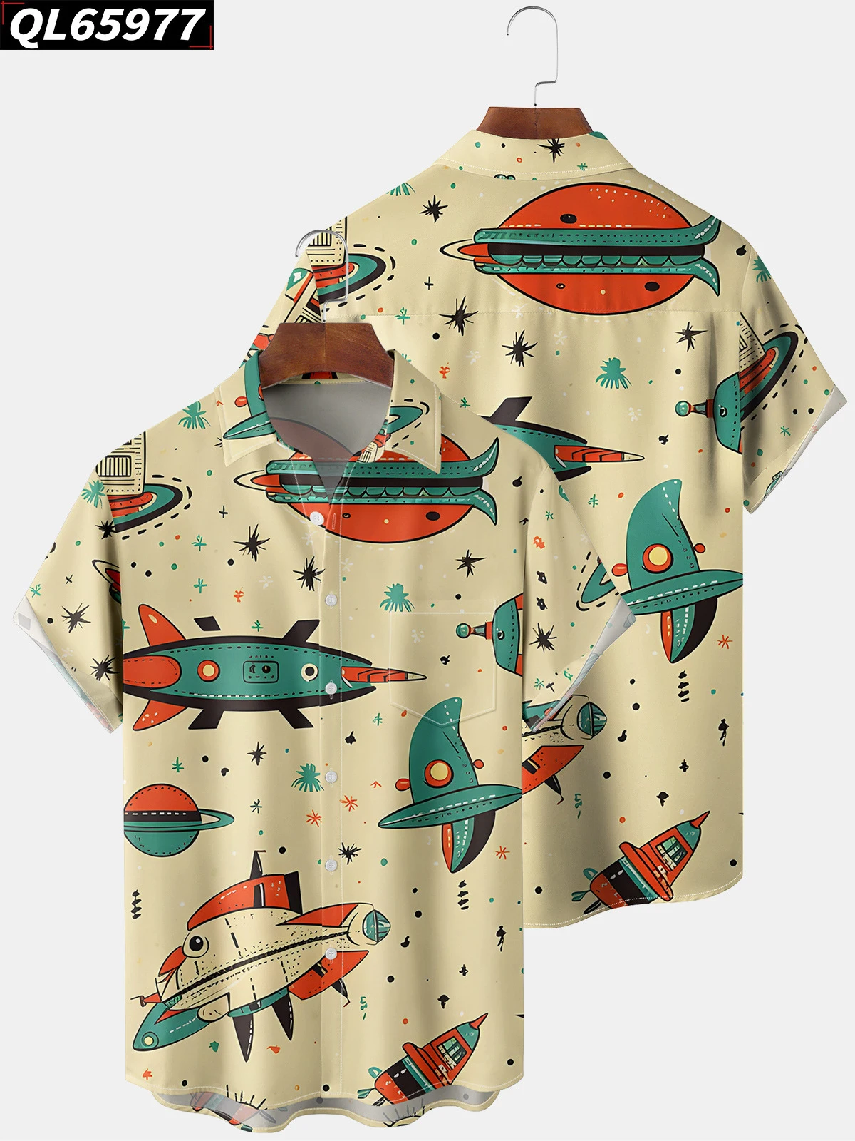 Men's Shirts Summer Hawaiian Shirt Man Casual Seaside Beach Tops Cartoon Planet Rocket Print Button T-shirts Chemise Homme