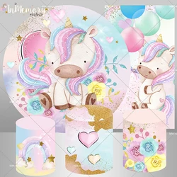Rainbow Photography Background Arched Wall Unicorn Birthday Party Decor Round Backdrop Circle Heart Pink Flowers Cylinder Cover
