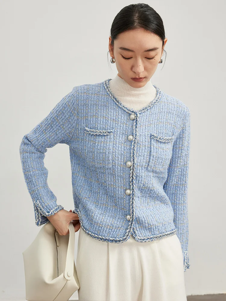 Suyadream Frau 46.7% Merinowolle Strickjacken einreihige Brusttaschen Melange Woll mäntel Herbst Winter jacken blau