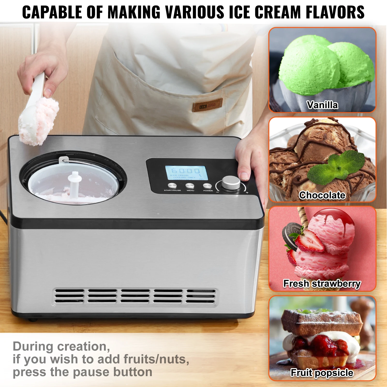 VEVOR Gelatiera Elettrica Casalinga per Gelato Capienza 2L circa Potenza 180W, Macchina per Gelato Elettrica con Schermo LCD Preparazione Rapida Senza Precongelamento per Gelato Sorbetti Frozen Yogurt