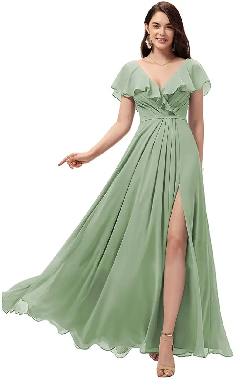 CloverBridal V-Neck A-line Free Customized Ruffled Short Sleeves Sage Corset Back Pleated Wedding Guest Dresses for Women WB9817